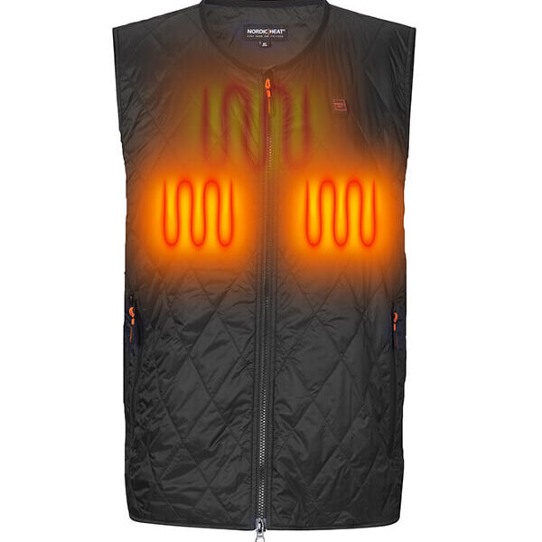 NordicHeat šildoma liemenė su apšviestais šildymo elementais, esančiais krūtinės srityje, sukurta, kad naudotojas būtų šiltas. Vizualiai išryškintos šildymo zonos rodo šildymo komponentų vietą. 