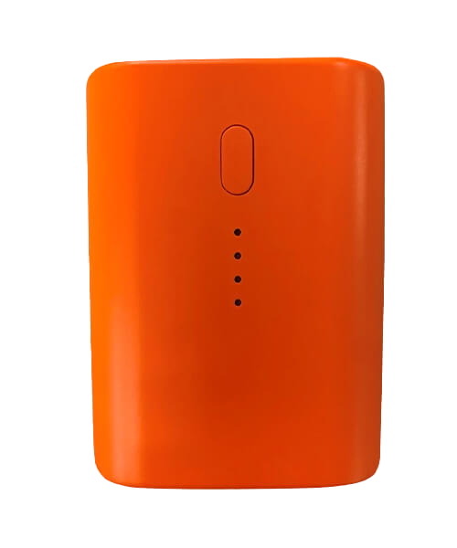 Oranžinis baterijų paketas su vienu mygtuku ir keturiomis LED lemputėmis.
