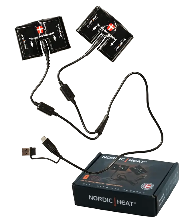 NordicHeat šildymo pagalvėlės su USB jungtimi pagerina aktyvų gyvenimo būdą šaltomis sąlygomis. Tekstas: „NORDIC HEAT“, „Šis būdas į kišenę“, „LIK ŠILTAS IR SUSIKONCENTRAVĘS“.
