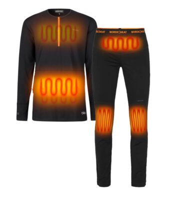 Juodas šildymo komplektas iš NordicHeat su šildymo zonomis, parodytomis raudonai, skirtas aktyviam naudojimui šaltame klimate; "NORDIC HEAT" logotipas ant juosmens.