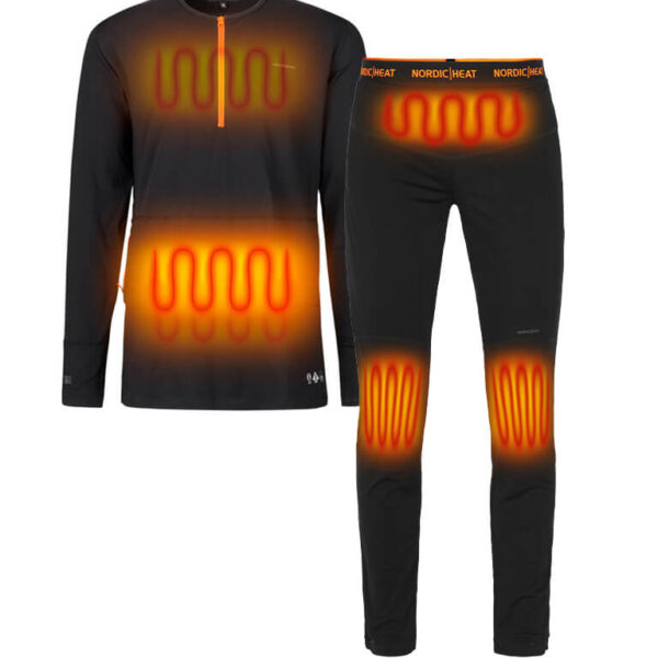 Juodas šildymo komplektas iš NordicHeat su šildymo zonomis, parodytomis raudonai, skirtas aktyviam naudojimui šaltame klimate; "NORDIC HEAT" logotipas ant juosmens.