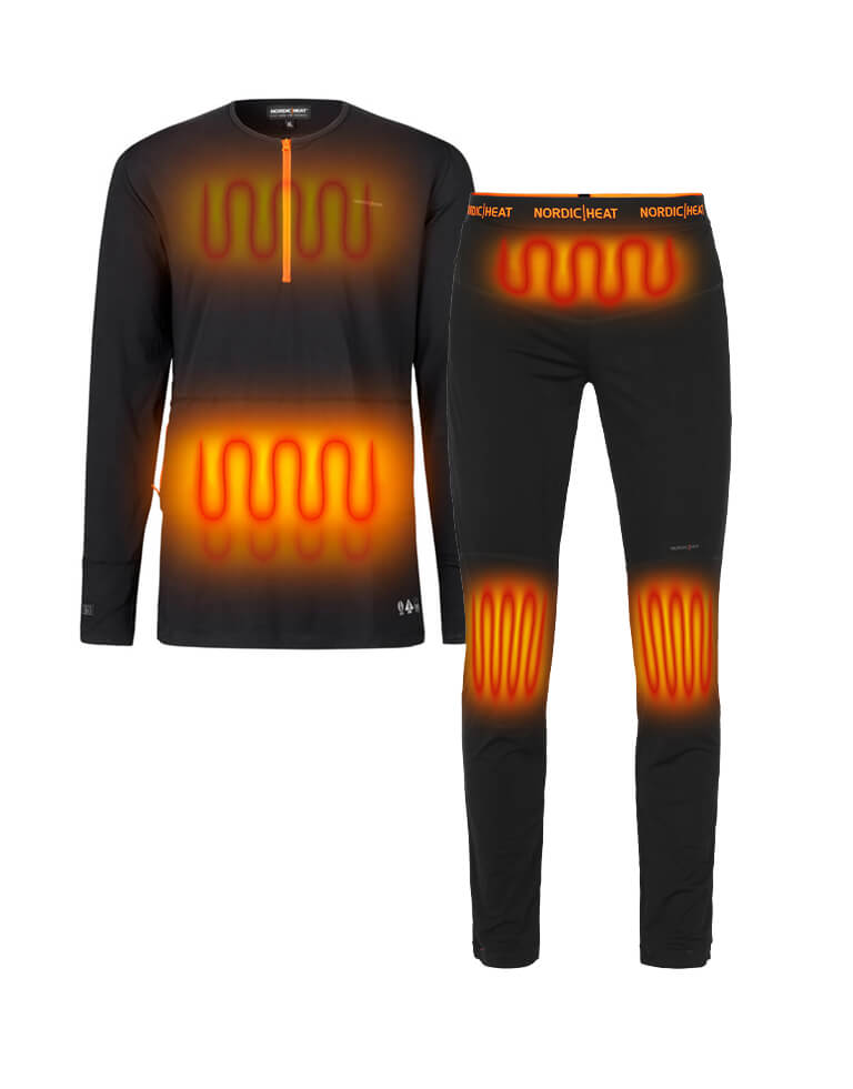 Juodas šildymo komplektas iš NordicHeat su šildymo zonomis, parodytomis raudonai, skirtas aktyviam naudojimui šaltame klimate; "NORDIC HEAT" logotipas ant juosmens.
