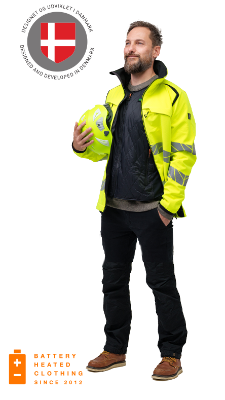 A person wearing a NordicHeat jacket and vest holding a helmet. Logo shows "DESIGNED AND DEVELOPED IN DENMARK". Text at the bottom: "BATTERY HEATED CLOTHING SINCE 2012".