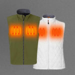 Two vests with heating function, shown against a grey background, with orange light indicator for heating elements on the chest, in green and white color respectively.