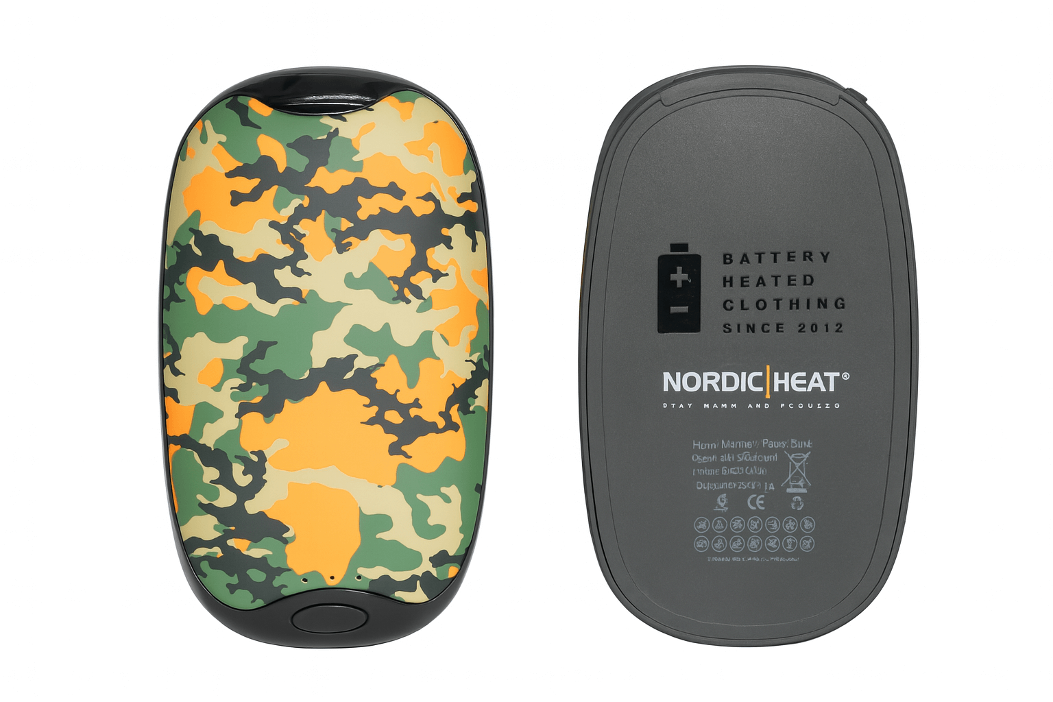 NordicHeat heated clothing lies on a flat surface. One side shows the camouflage design, while the other has the text "BATTERY HEATED CLOTHING SINCE 2012".