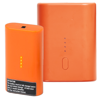 Two orange rectangular batteries with LED indicators and a warning label.