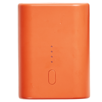 Orange power bank with four LED indicators and a button on the front. It is used to charge or power NordicHeat thermal clothing in various outdoor situations.