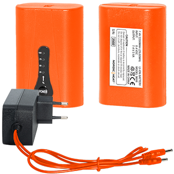 Two orange batteries for NordicHeat heating clothes with charger and cord. One battery shows the control panel, while the other shows the technical specification. The charger is in front of the batteries.